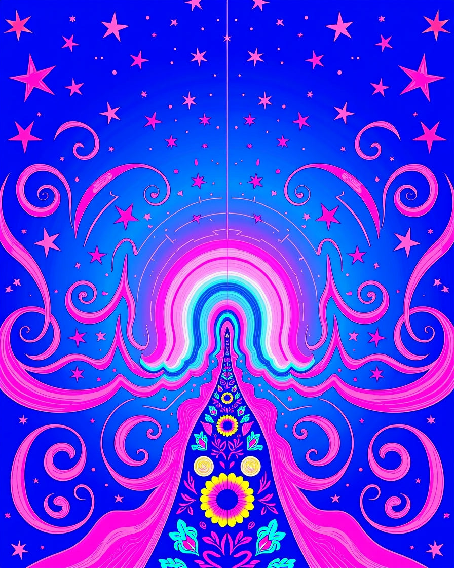Vibrant Pink Starry Rainbow Swirl Rug