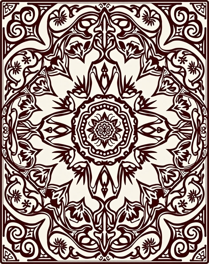 Ornate Deep Crimson Symmetry Mandala Rug
