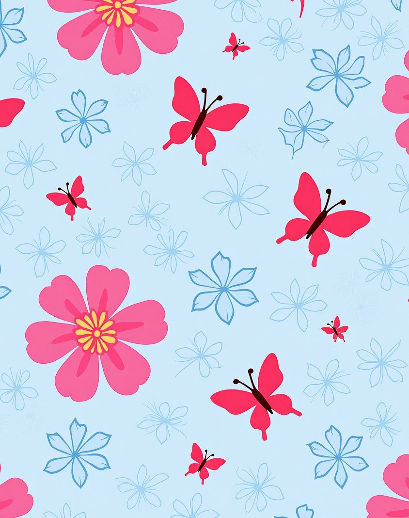 Whimsical Pink Butterfly Blue Flower Rug