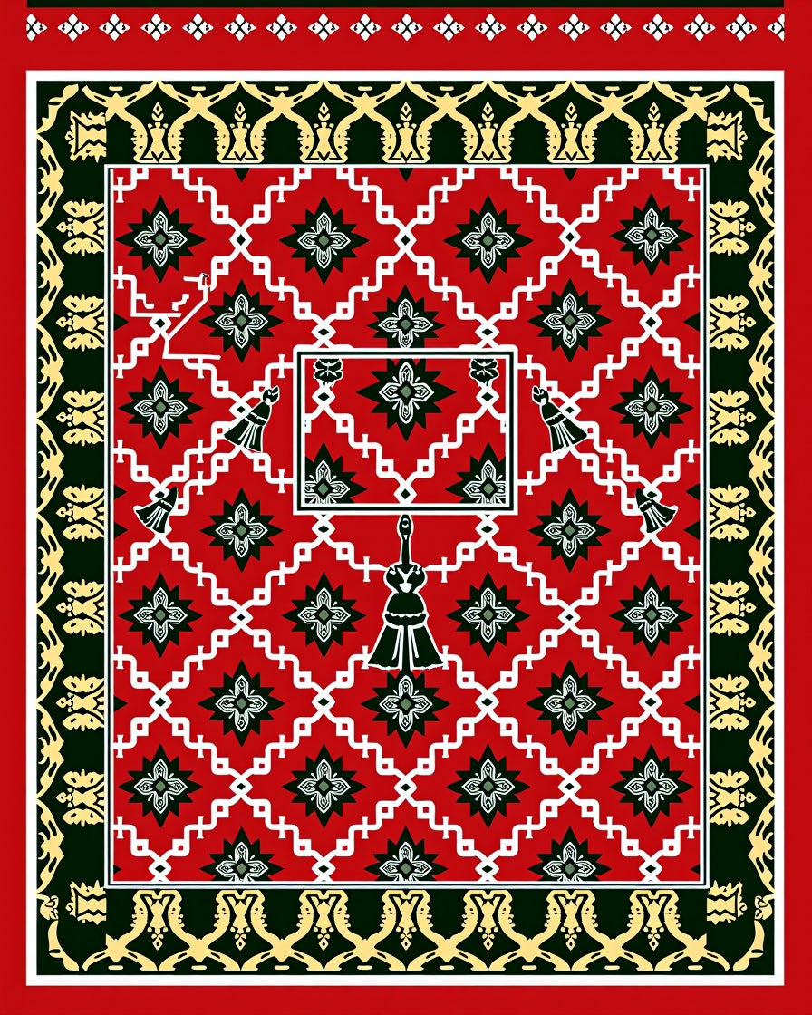 Crimson Geometric Star Tassel Border Rug