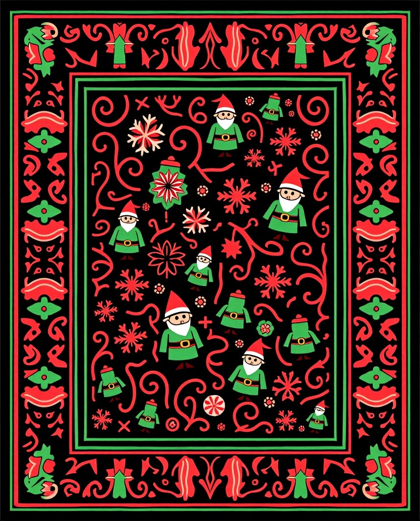 Festive Gnomes Red Green Border Rug