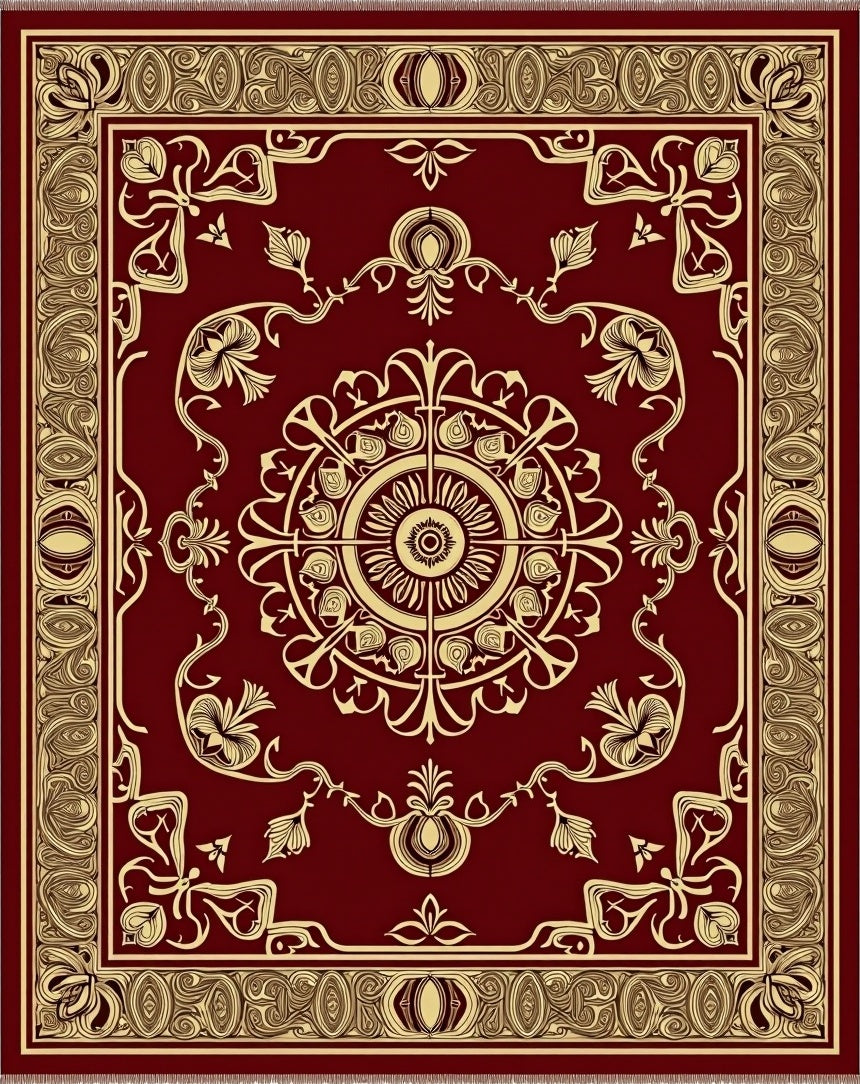 Regal Crimson Golden Floral Medallion Rug