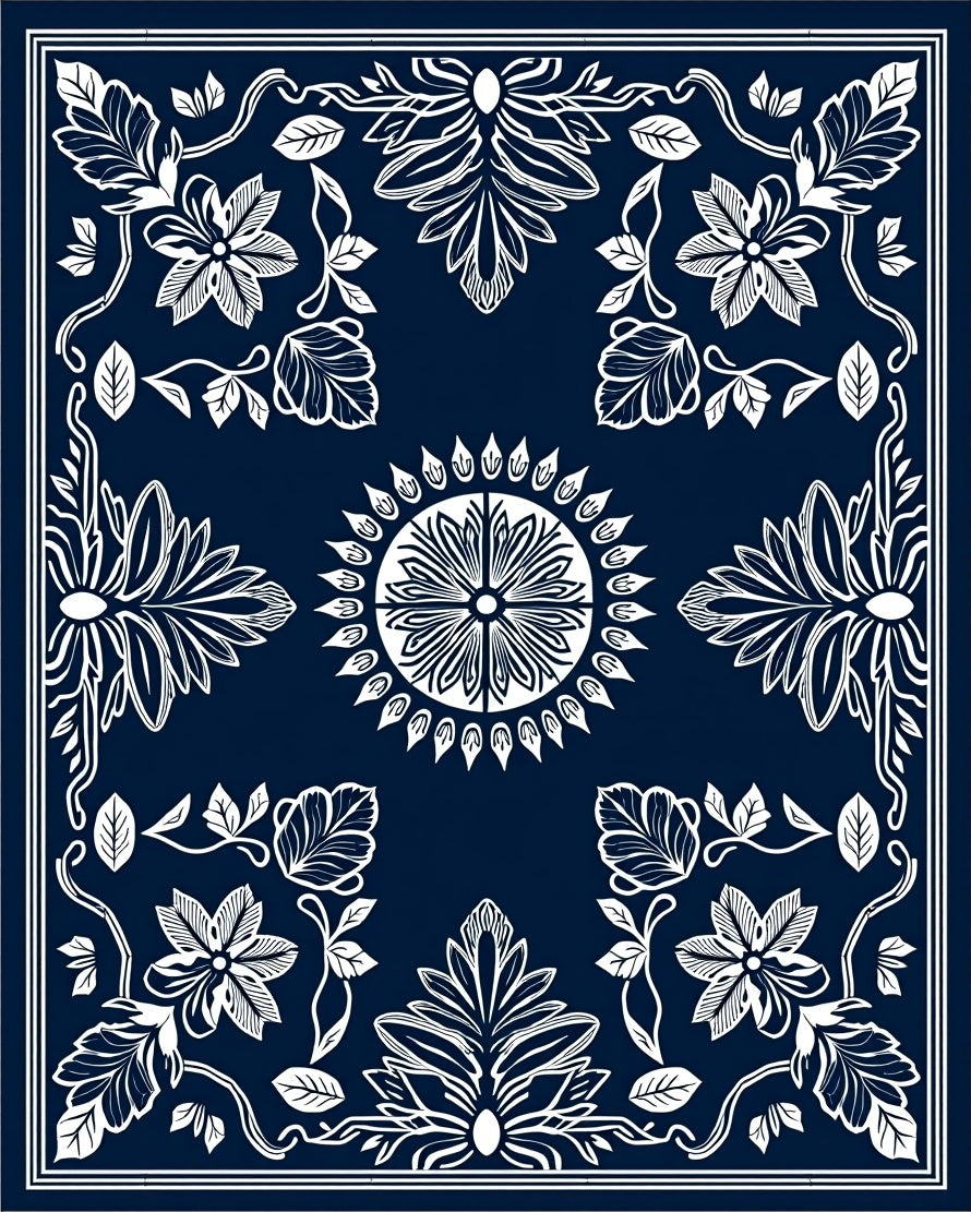 Deep Blue White Victorian Floral Medallion Rug