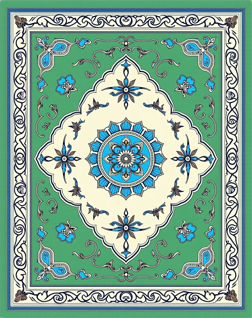 Green Blue Cream Floral Medallion Frame Rug