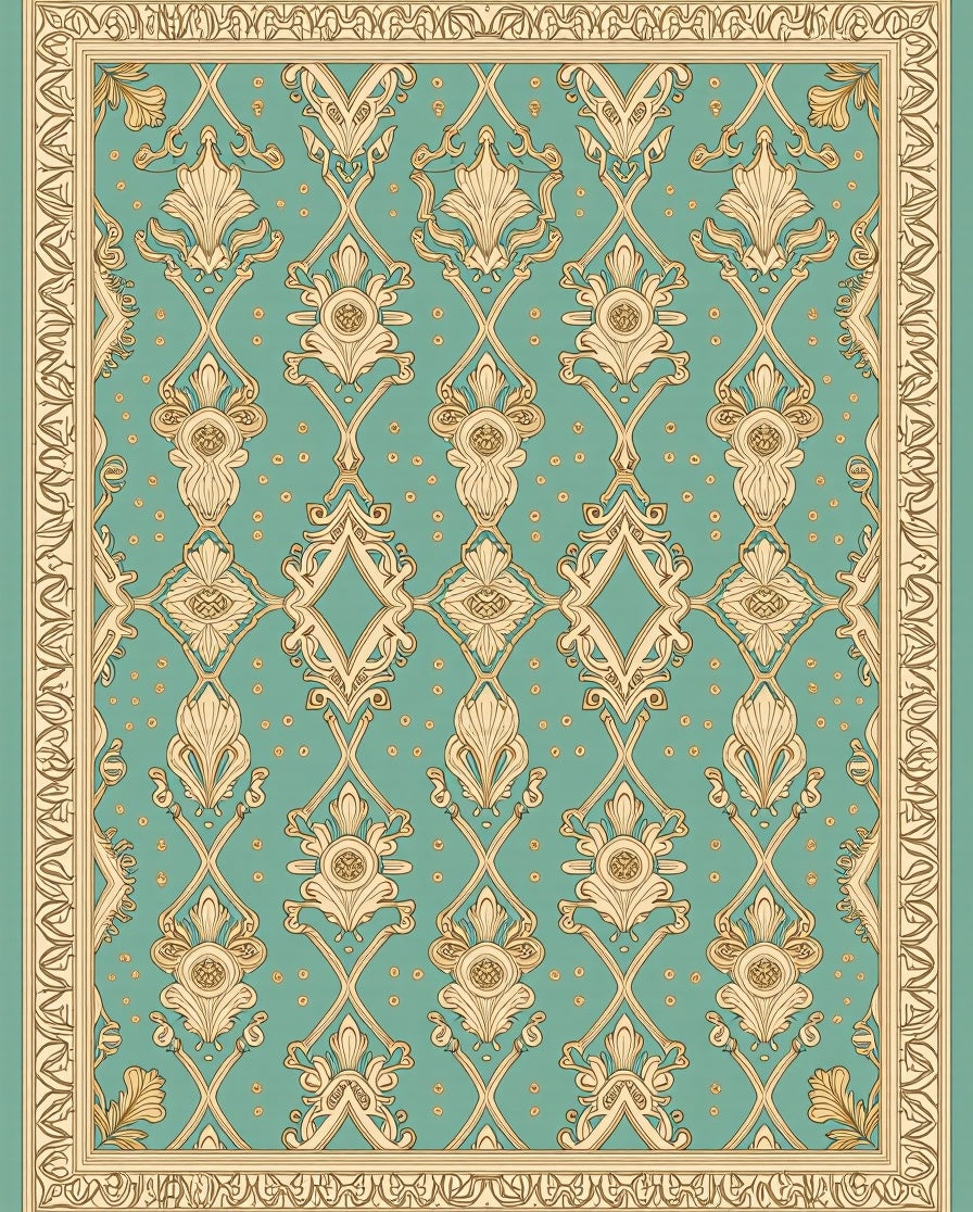 Vintage Teal Floral Scroll Border Rug