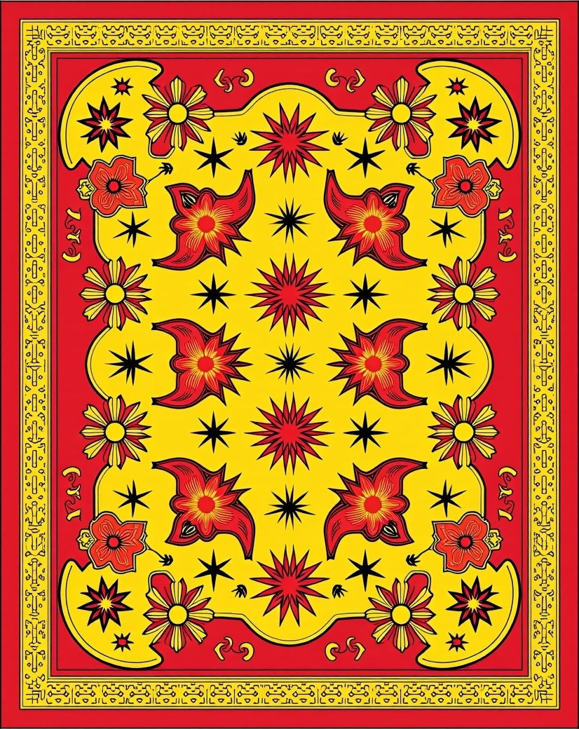 Vibrant Red Yellow Starburst Floral Rug