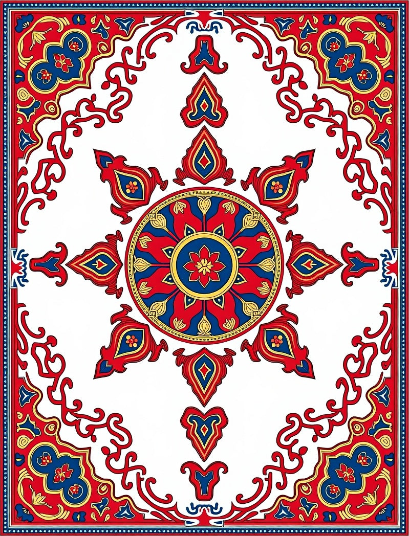 Vibrant Red Blue Floral Sunburst Medallion Rug