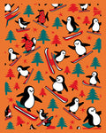 Whimsical Penguin Skiing Forest Orange Rug