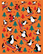 Whimsical Penguin Skiing Forest Orange Rug