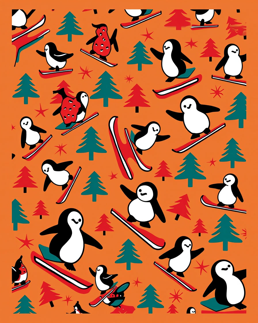 Whimsical Penguin Skiing Forest Orange Rug