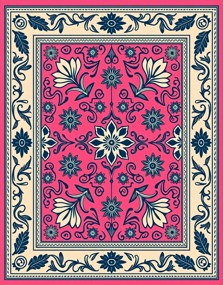 Vibrant Pink Floral Border Rug
