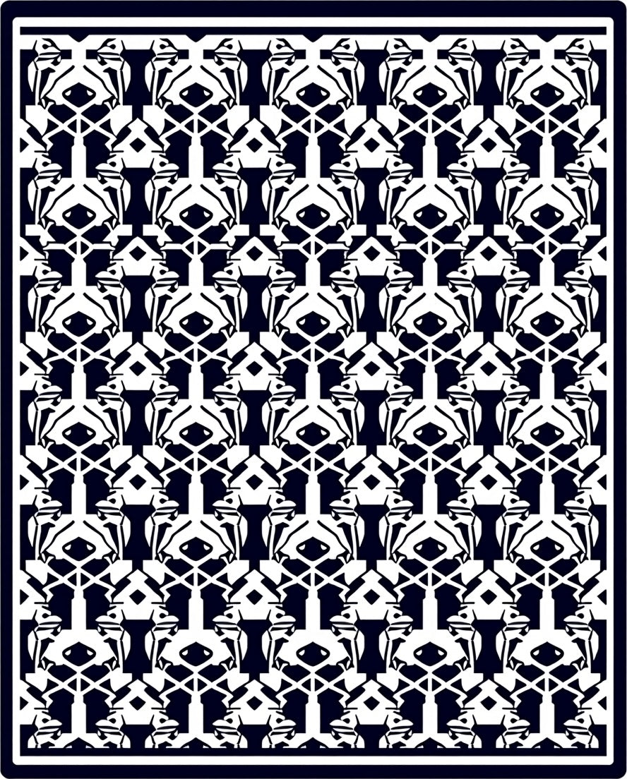 Dark Navy White Abstract Creature Medallion Rug