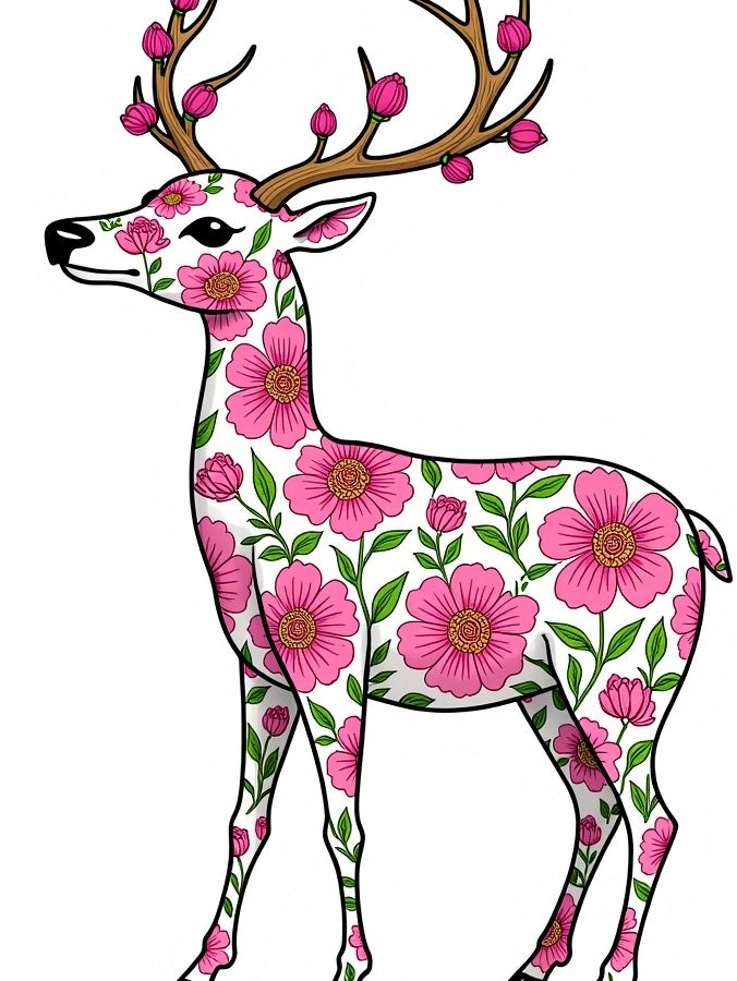 Pink Floral Reindeer White Rug