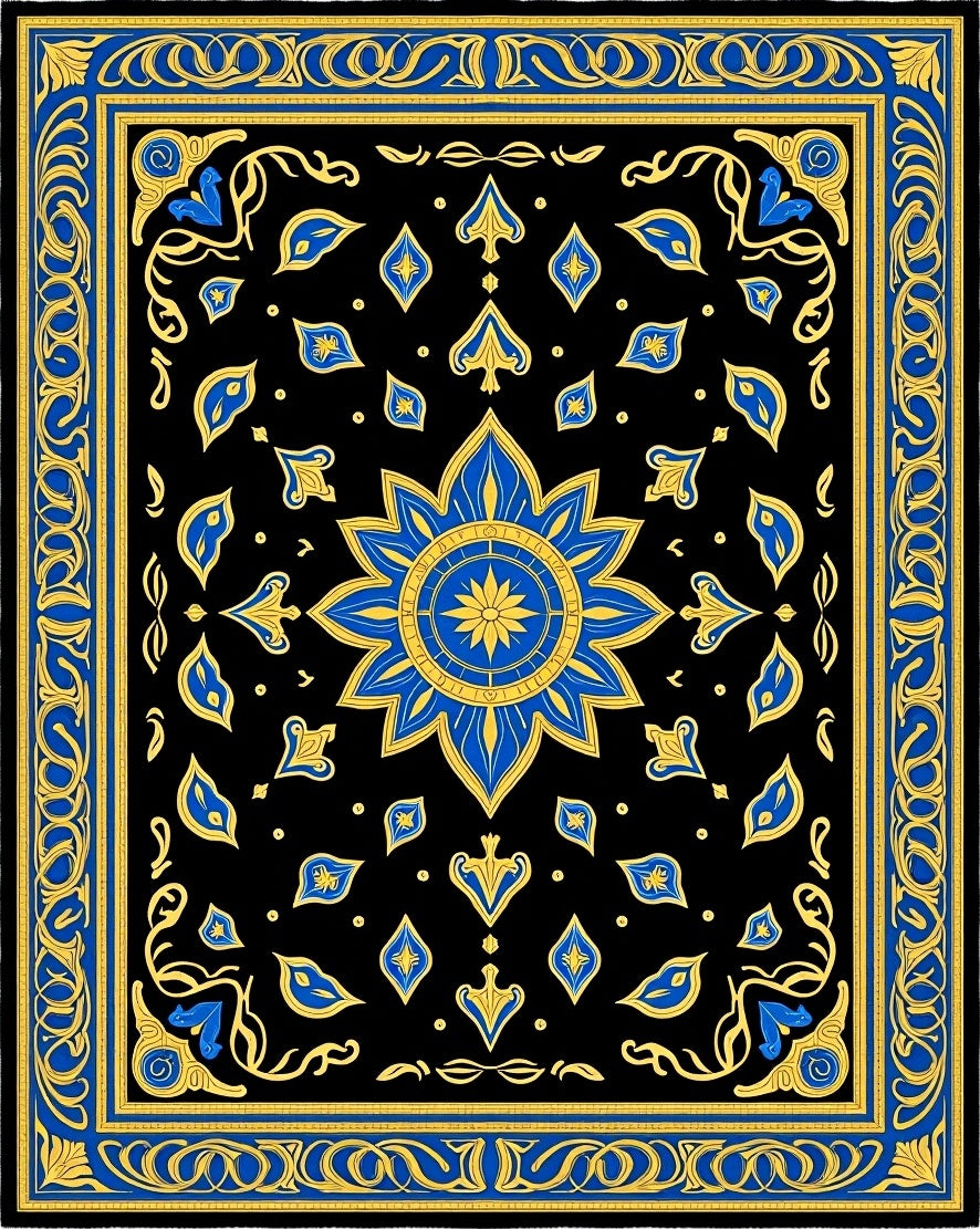 Ornate Blue and Gold Mandala Rug
