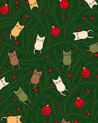 Festive Green Evergreen Whimsical Cat Ornaments Rug
