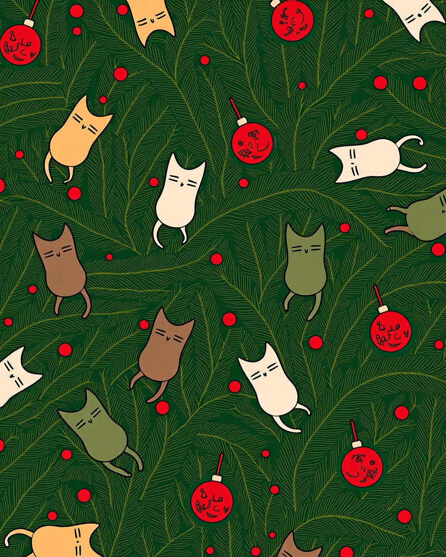 Festive Green Evergreen Whimsical Cat Ornaments Rug