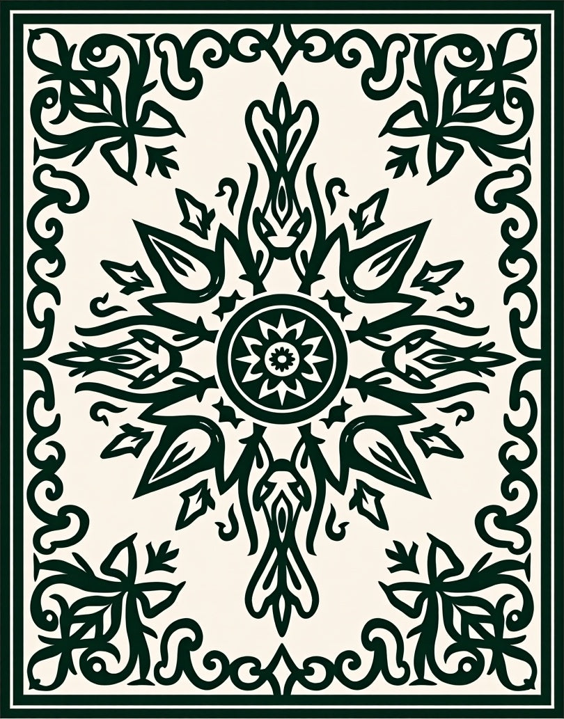 Dark Green Floral Medallion Scroll Rug