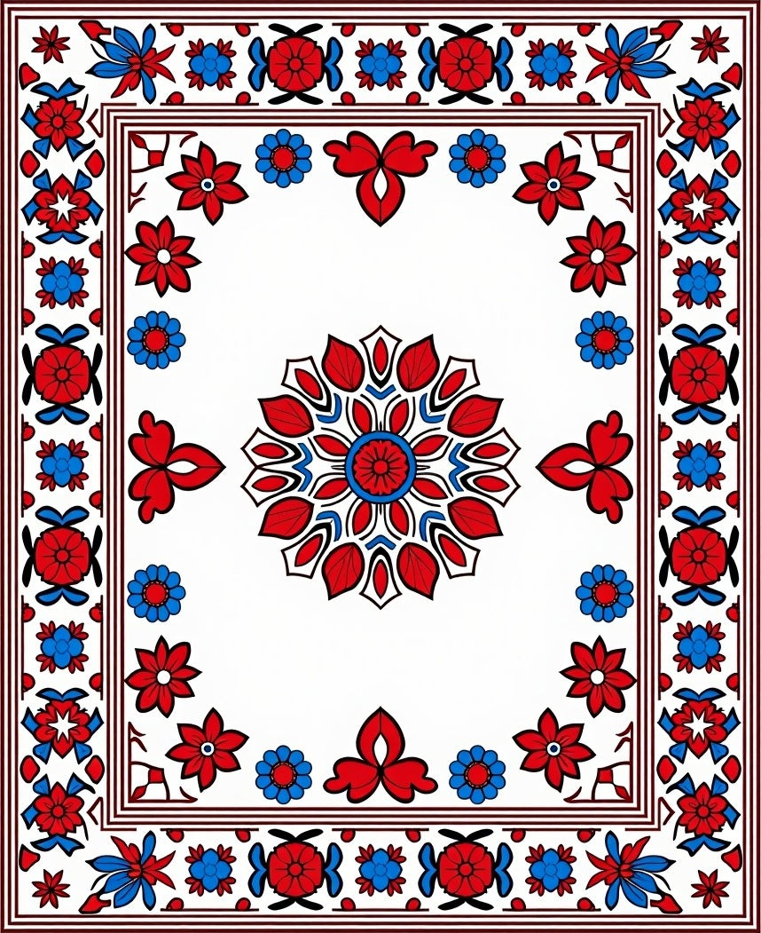 Red Blue Floral Garden medallion Rug