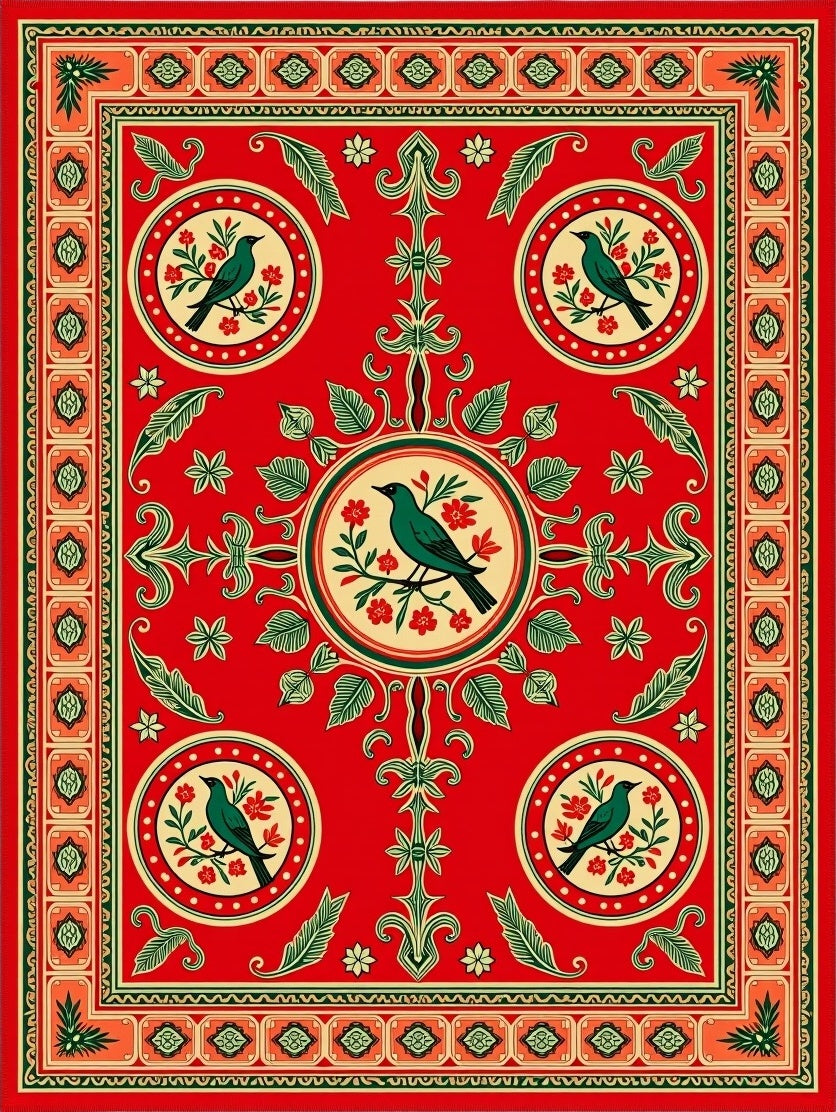 Crimson Red Bird Floral Medallion Rug