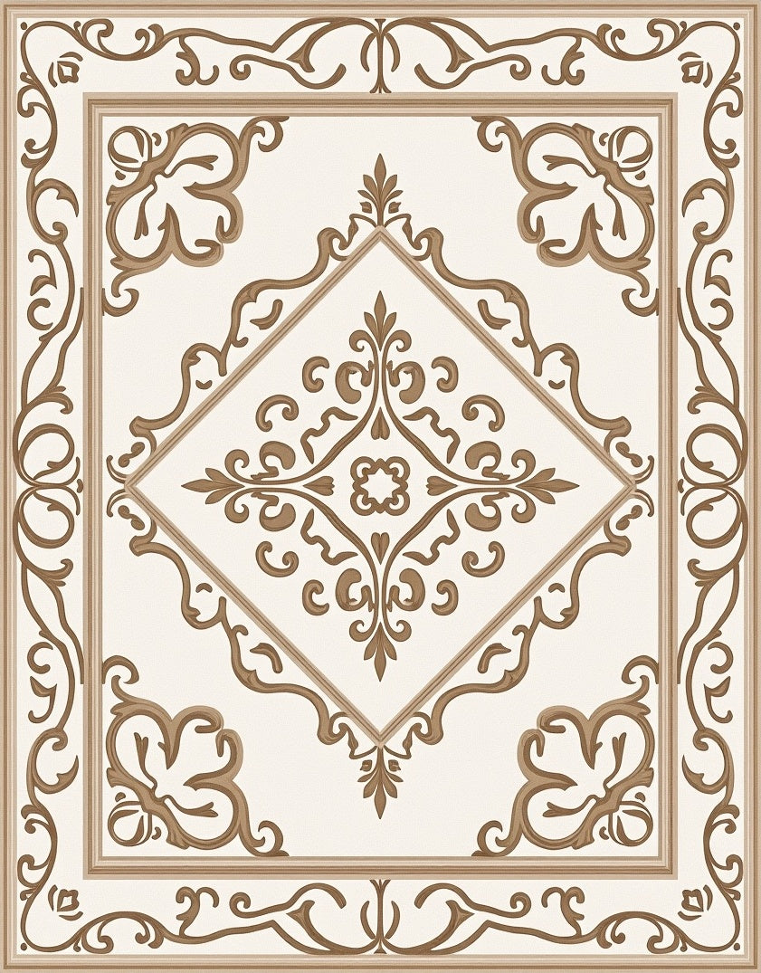 Ornate Cream Brown Scroll Medallion Rug