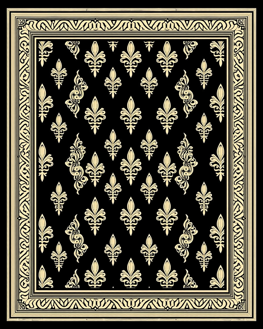 Elegant Beige Black Fleur-de-lis Border Rug