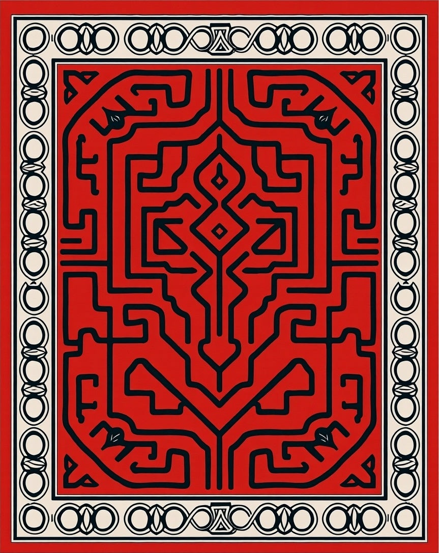 Bold Red Geometric Labyrinth Icon Rug