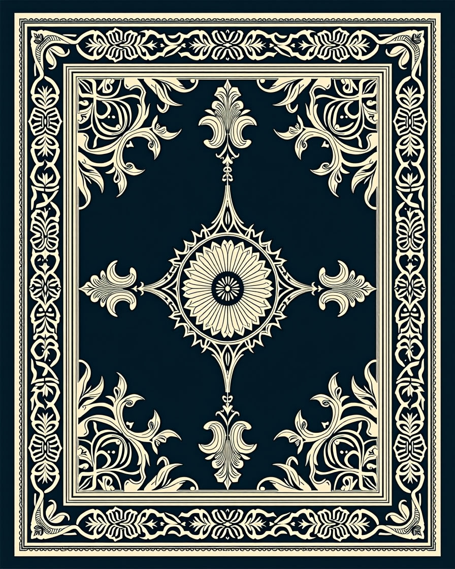 Deep Navy Cream Ornamental Medallion Border Rug