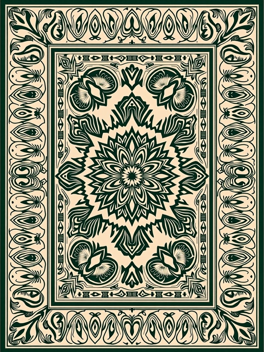 Dark Green Floral Medallion Border Rug