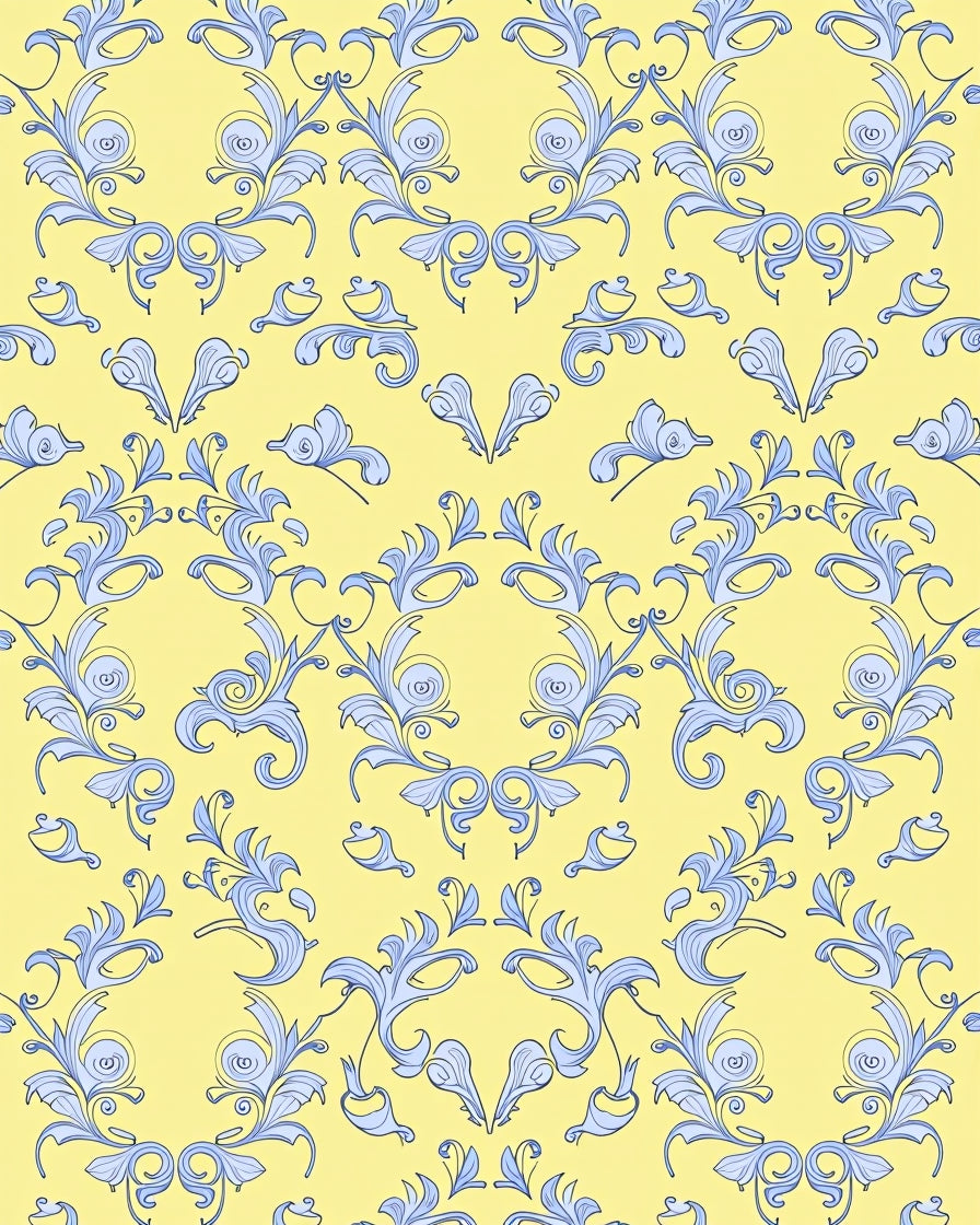 Pale Yellow Blue Floral Swirl Scroll Rug