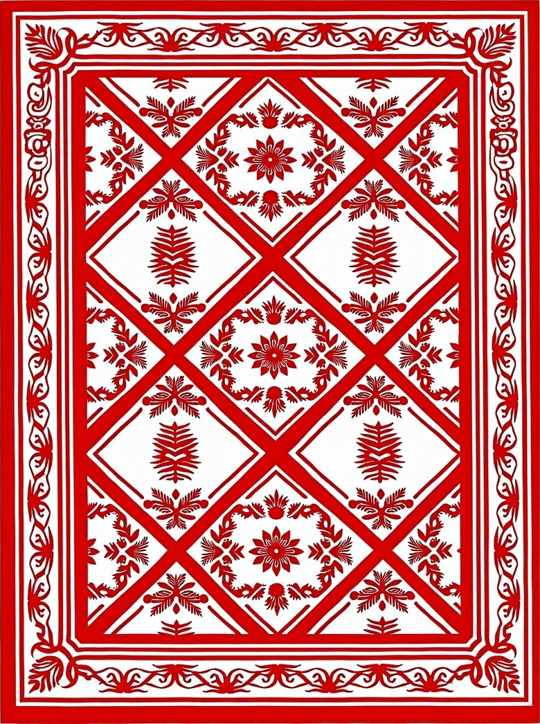 Bold Red Floral Diamond Medallion Rug
