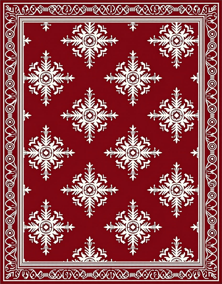 Crimson White Snowflake Medallion Border Rug
