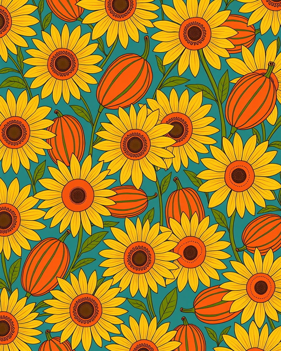 Sunny Yellow Sunflowers Orange Gourds Foliage Rug