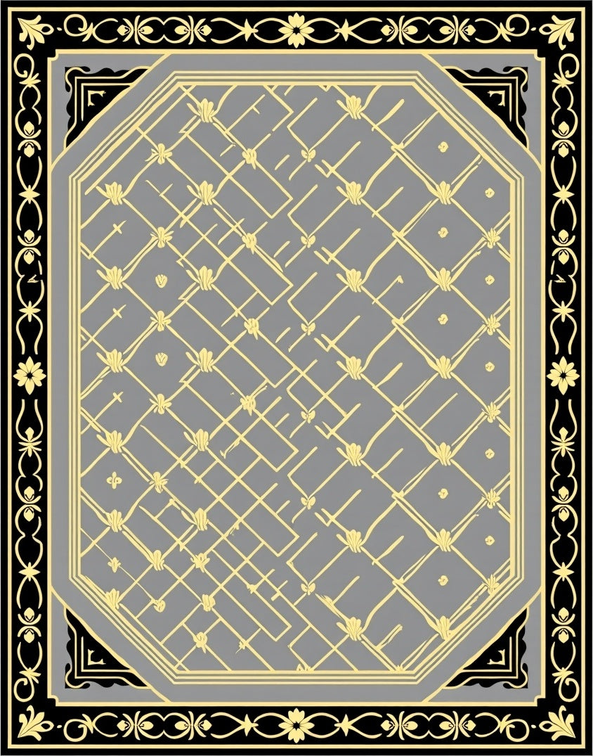 Gray and Black Ornate Border Rug