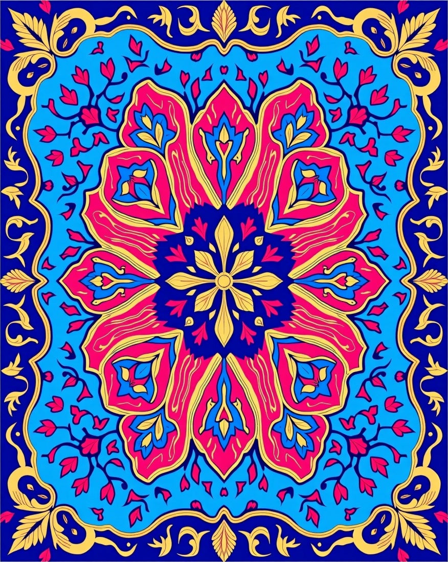 Vibrant Pink Blue Yellow Floral Mandala Rug