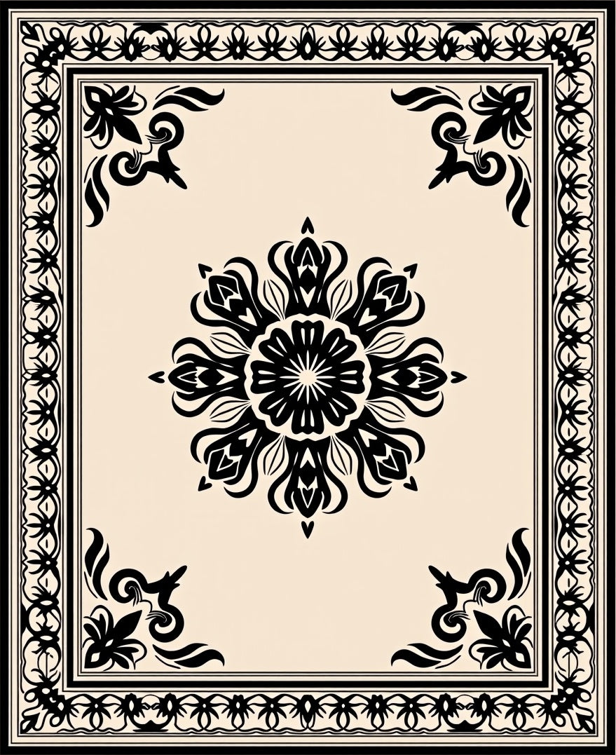 Ornate Black Cream Floral medallion Rug