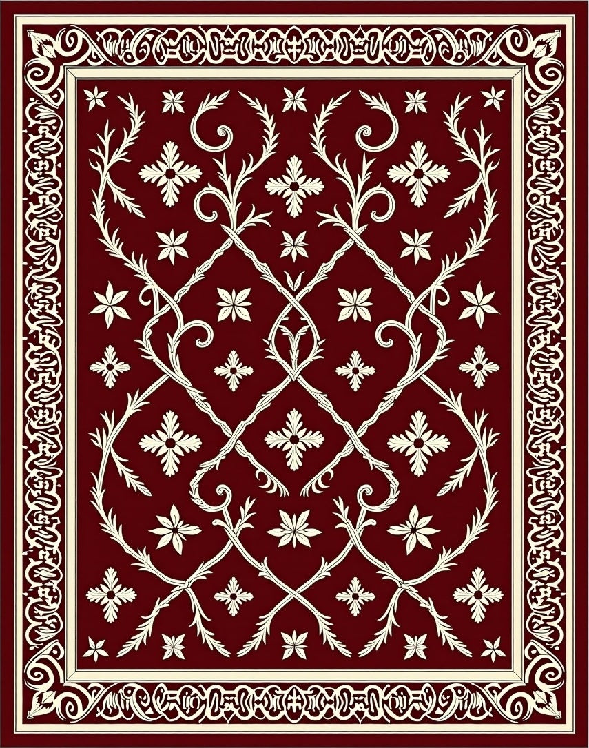 Deep Red Floral Vine Lattice Rug