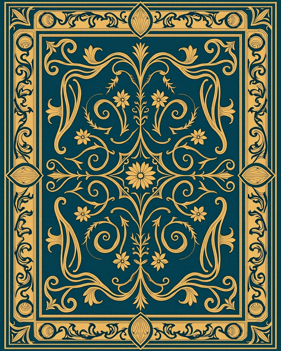 Ornate Teal Floral Scrollwork Rug