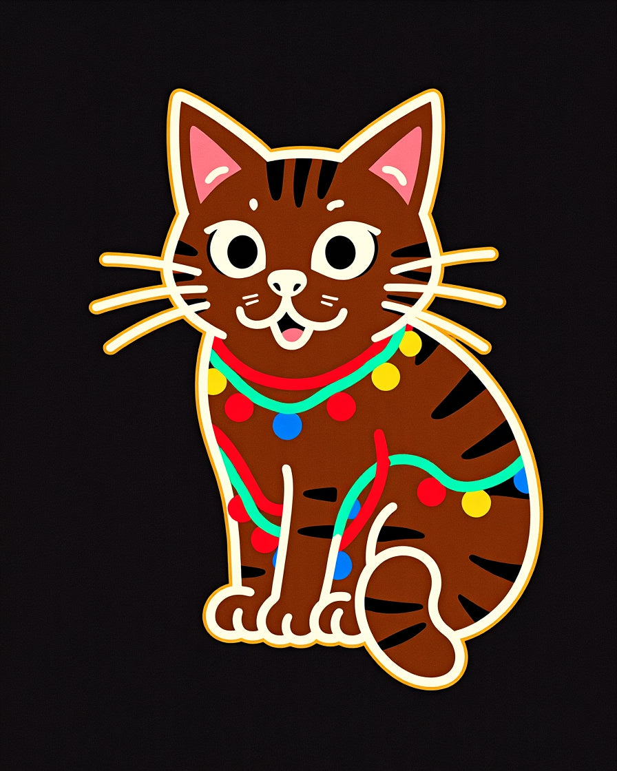 Joyful Brown Cat Holiday Lights Rug