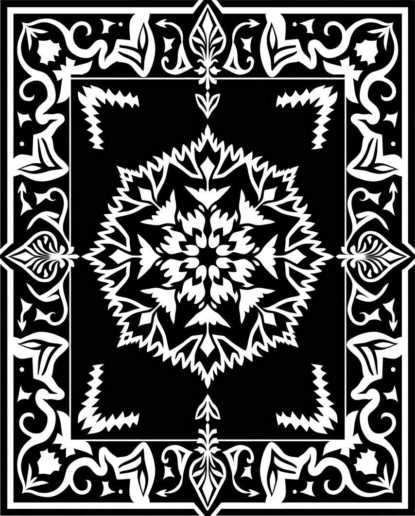 Black and White Floral Mandala Border Rug