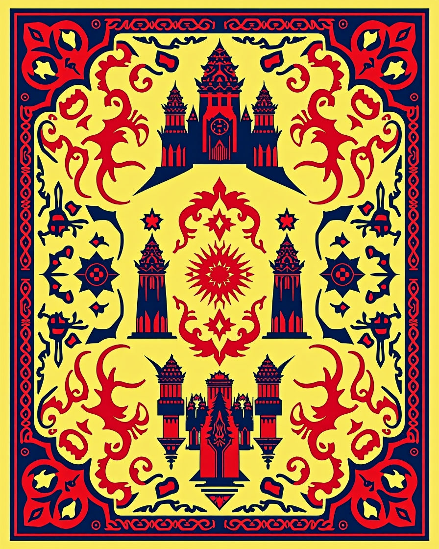 Vibrant Red Blue Pagoda Medallion Rug