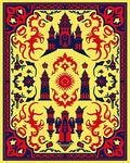 Vibrant Red Blue Pagoda Medallion Rug