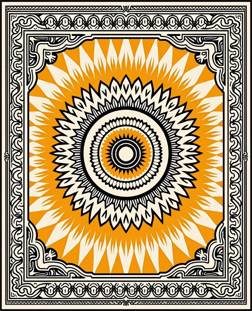 Radiant Orange Sunburst Mandala Frame Rug
