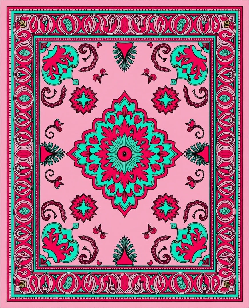 Pink Turquoise Elaborate Floral Medallion Rug