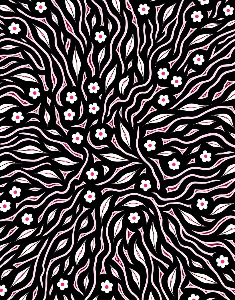 Black Pink White Floral Waves Rug