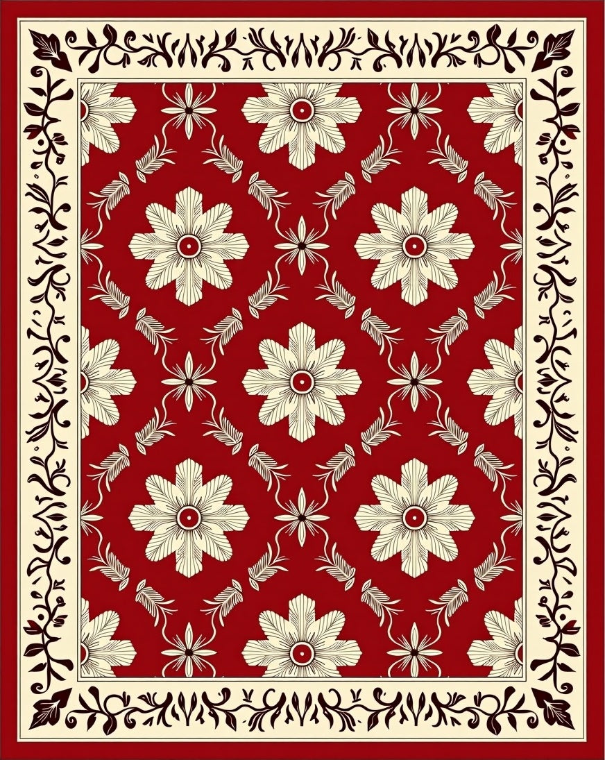 Rich Red Floral Medallion Border Rug