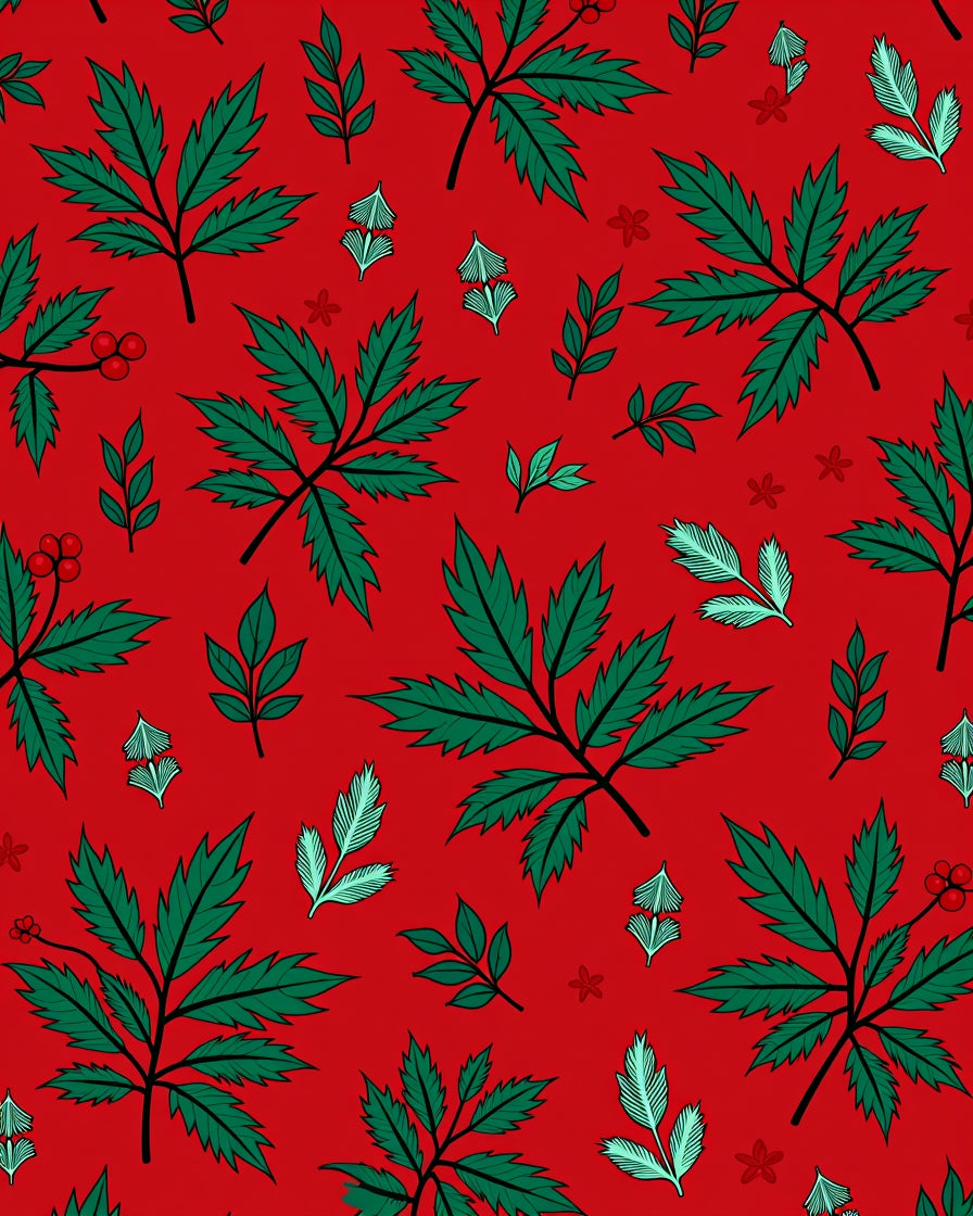 Vibrant Green Leaf Cluster Red Field Rug