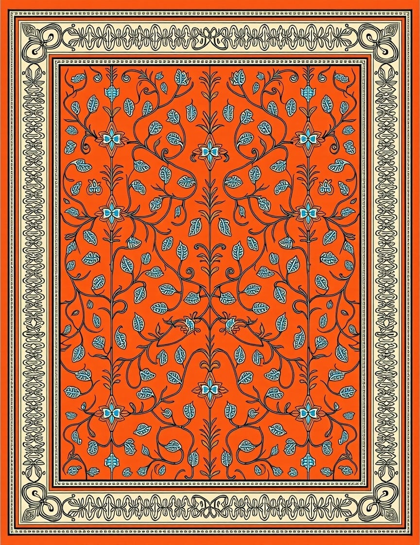 Vibrant Orange Floral Vine Border Rug