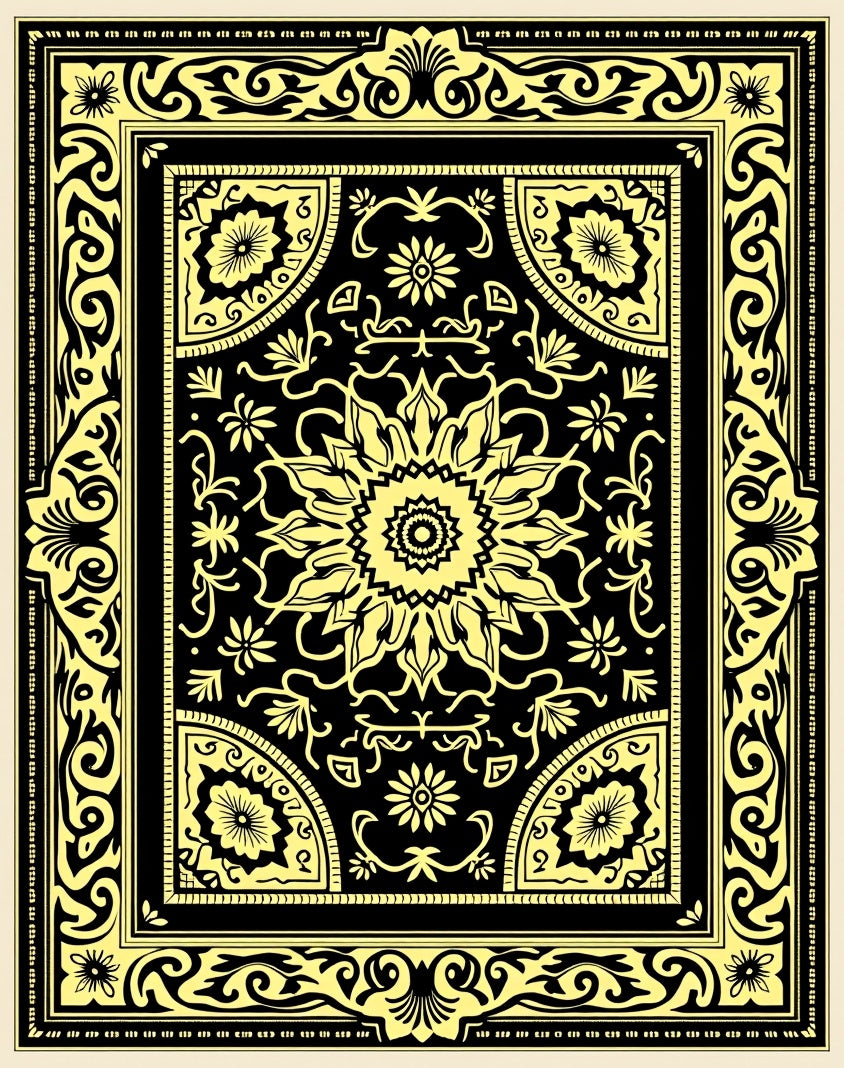 Black Yellow Floral Medallion Border Rug