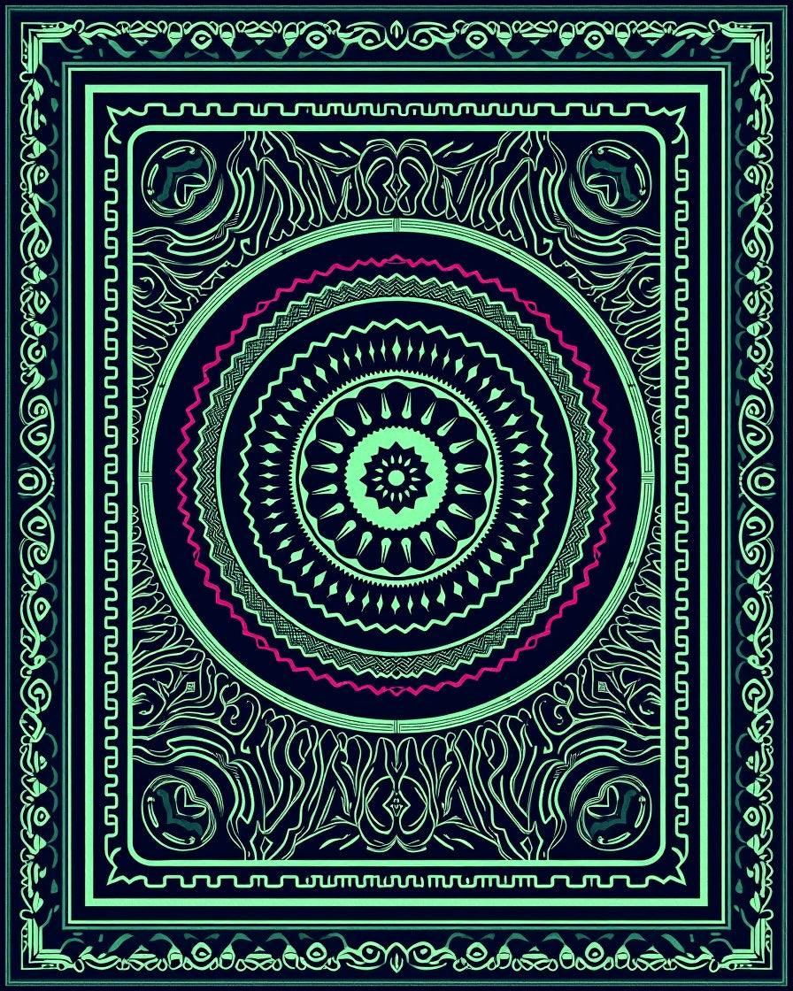 Vibrant Mint Medallion Geometric Border Rug