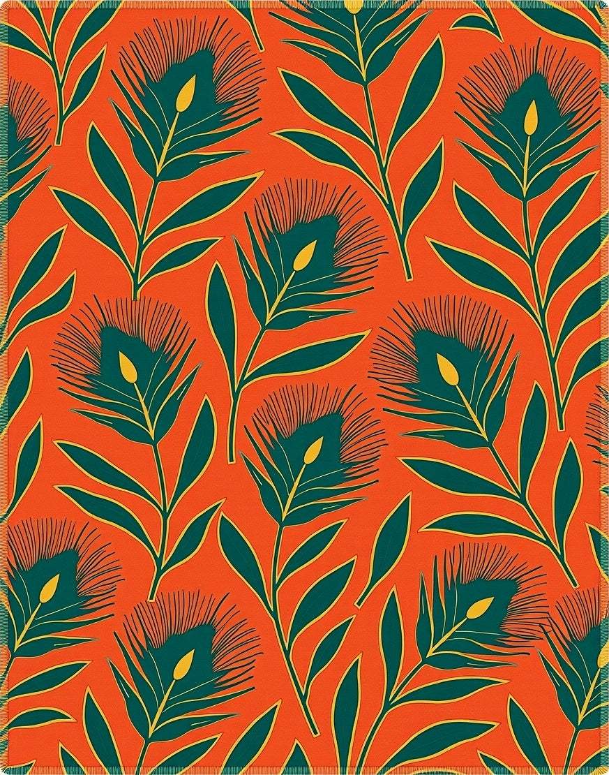 Bold Teal Floral Branches Orange Rug